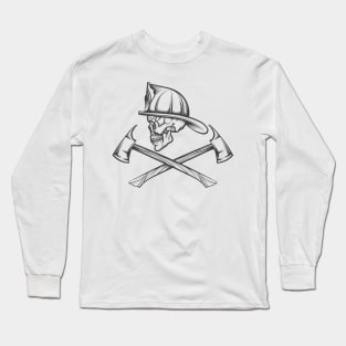 Skull in Fire Helmet and Axes Long Sleeve T-Shirt